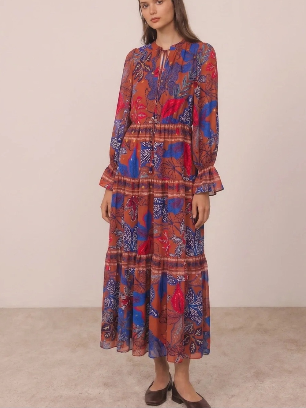 House of Harlow 1960 Floral Tiered Maxi Long Sleeve Dress - Picture 1 of 9